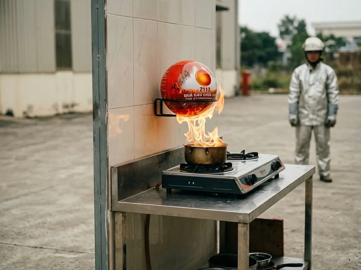 Quả cầu Z113 treo trên bếp gas trong mô hình thử nghiệm, lửa vừa chạm vào vỏ